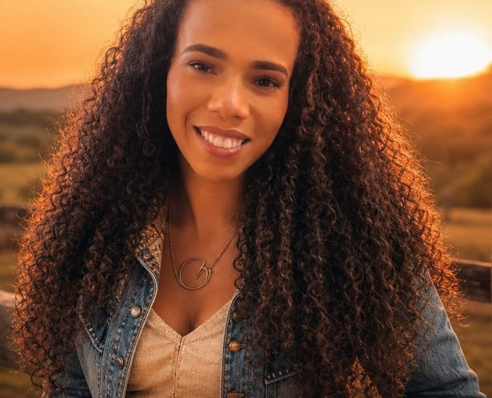 Gabriela Vaz ao entardecer, em ambiente rural