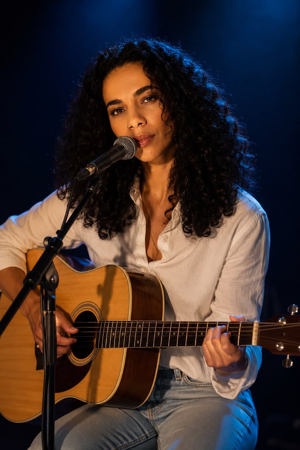 Gabriela Vaz cantando e tocando violão sob luz azul de palco